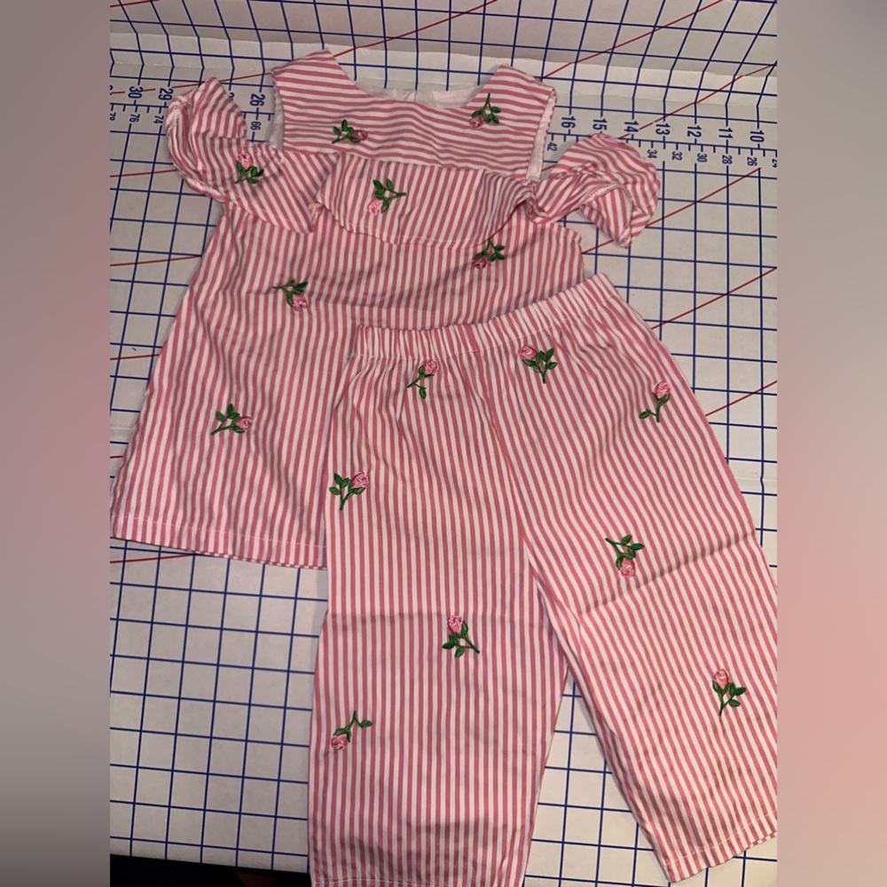 Rare Editions Pink Striped Floral Embroidered Matching Set